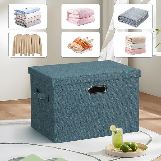 Graciadeco Large 17" 36 Quart Collapsible Stackable Storage Bins with Lids, 3 Packs Blue-Green Linen Fabric Closet Boxes with Lids, Storage Cube Baskets Container Organizers for Bedroom (17x12x11)