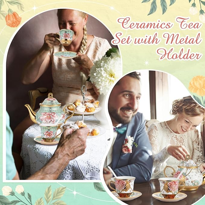 Zhehao 40 Pcs Porcelain Tea Set with Metal Holder and Spoon Adult Ceramic Tea Set European Flower Painting Teapot Cup Saucer Spoon for Women Mom Gift, Large Version (Fresh Style,Bright Style)