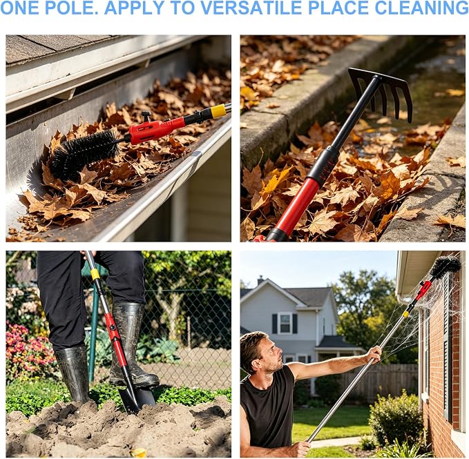 13FT Gutter Cleaning Tools from Ground, 6-in-1 Brush & Rake Kit | No Climbing Needed. Dual Universal Clamps for Any Angle. 13FT Extension Poles. Gutter Cleaner Tool with Scoop, Rake & Brush.