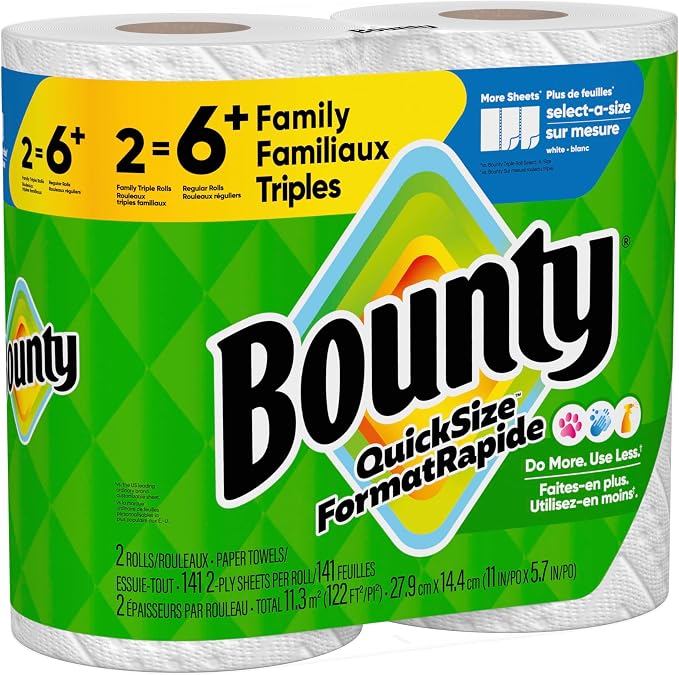Bounty Paper Towels Quick Size, White, 2 Family Triple Rolls = 6+ Regular Rolls