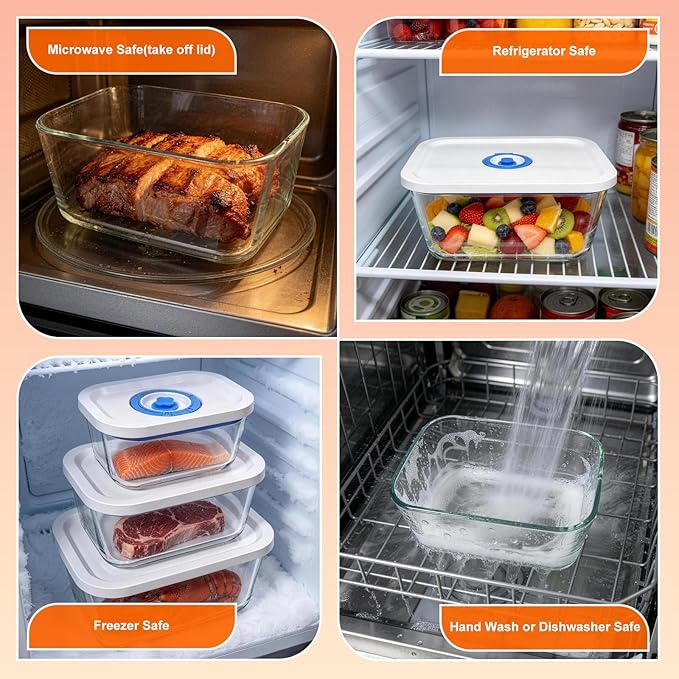 Vacuum Seal Borosilicate Glass Containers for Food Storage, 4 Sizes (S M L XL) Compatible with Desktop and Handheld Vacuum Sealer Machines, Airtight Lid Set