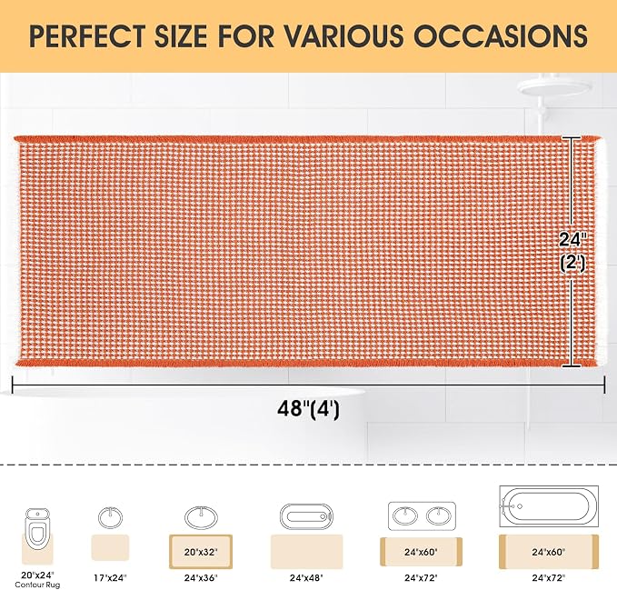 IM HOME Waffle Bath Mat Orange & Cream 4'x2', Boho Woven Modern Bath Mat Rugs, Absorbent Non Slip Bathroom Rugs, Soft Washable Bath Rugs with Tassels for Bathroom, Bedroom, Kitchen, Shower, Tub