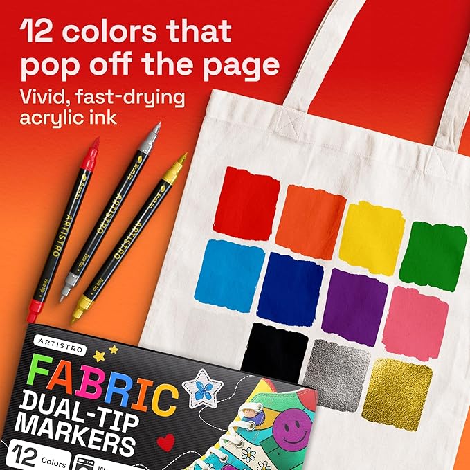 ARTISTRO 12 Dual-Tip Fabric Markers Decorating Kit, Permanent for Clothes | Brush & Fine Tip, Acrylic Paint Pens for Sneakers, Bags, Shoes, Textiles, Canvas, Sewing, Craft, & DIY