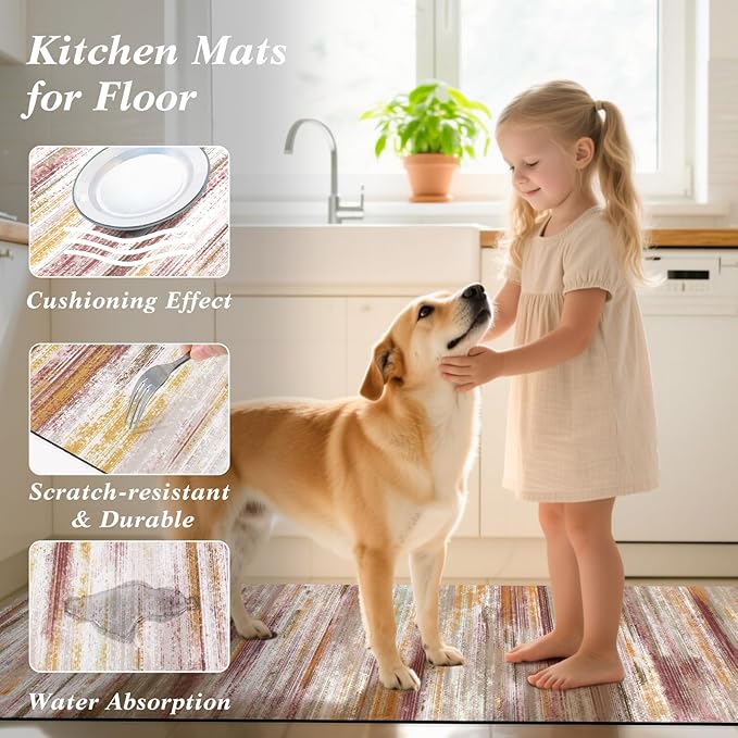 XLHOMO Kitchen Rugs Sets of 3, Non Slip Washable Kitchen Mats for Floor, Cushioned Anti-Fatigue Comfort Kitchen Mat, Rubber Backing Abstract Kitchen Floor Mat for Laundry, Desk, Sink, Office