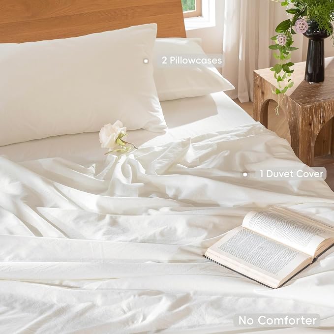 MooMee Bedding Duvet Cover Set 100% Washed Cotton Linen Like Textured Breathable Durable Soft Comfy (Solid Off White, Queen 90"x90") | Relaxed Linen-like Texture. Soft, Breathable & Long-lasting Comfort. Lightweight. Hidden Zipper with 8 Interior Corne...