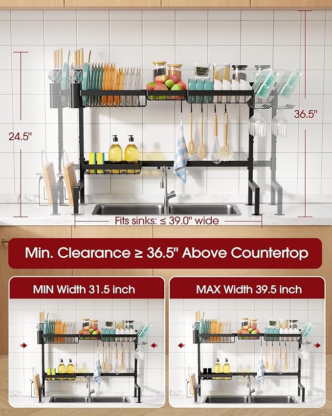 Sakugi Over The Sink Dish Drying Rack - Adjustable 2 Tier X-Large Capacity Stainless Steel Drainer with Cutlery & Utensil Holders, Kitchen Storage & Organization, 31.5"-39.5"L x 12"W x 24.5"H, Black