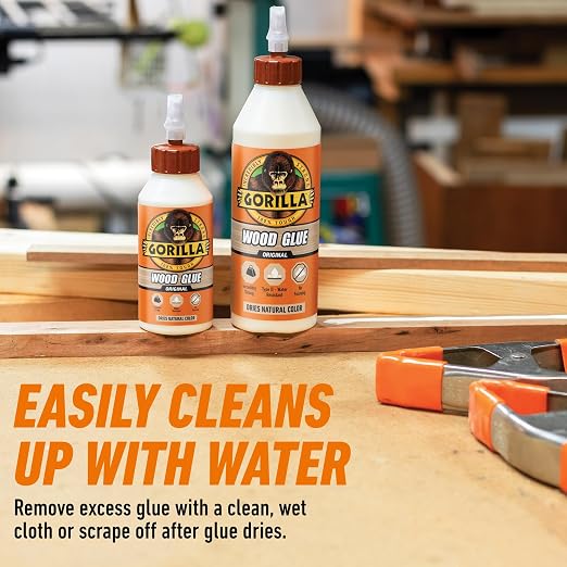 Gorilla Wood Glue, 8 oz., Water Resistant PVA Wood Glue for Indoor & Outdoor Projects, Fast Clamp, Natural Color, Paintable & Sandable
