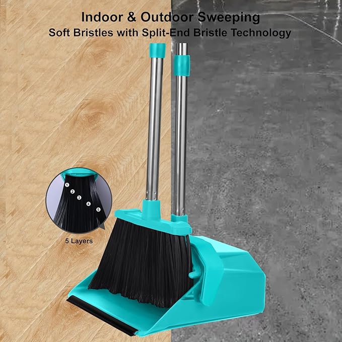 Tiumso Upgrade Broom with Dustpan Combo Set, Broom and Dustpan Set with 51'' Long Handle, Large Upright Brooms and Dust Pans, ZeroGap Lip, Self-Cleaning Dustpan Teeth for Lobby and Restaurant - Blue