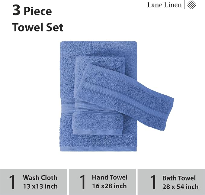 LANE LINEN Towel Set Soft Absorbent Quick Dry 100% Cotton 3 Piece - Allure | Cotton Bath Towels - Lightweight & Breathable, Fade-Resistant Color, Classic Terry Weave, Densely Woven, Coordinated Colors