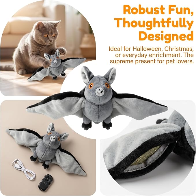 Flying Bat Dog Toy, Motion Activated Flapping Bat Cat Toy with Realistic Wings and Chirping Sounds, Rechargeable Remote Control Halloween Toy for Indoor Cats, Kittens and Small Dogs，1PC