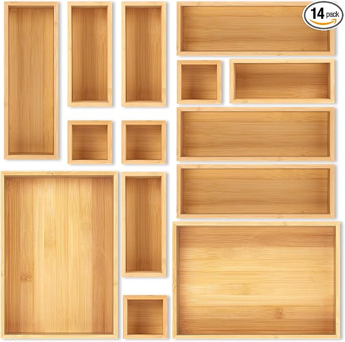 Bamboo Drawer Organizer Set, 14 PCS Multi-Use Individual Wood Storage Organizers, Junk Drawer Divider and Storage Trays Containers for Kitchen, Bathroom, Office Desk, Makeup, Jewelry, Utensils