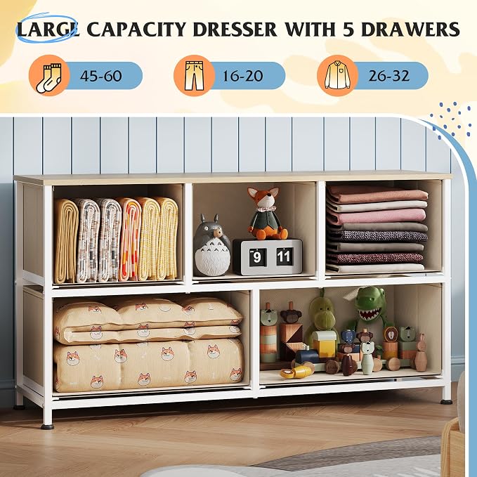 WLIVE Wide Dresser for Bedroom, 5 Drawer Chest of Drawers, Cream White | 5 roomy fabric drawers, Wide storage design, Bedroom or closet use, Sturdy steel frame, Smooth wood tabletop