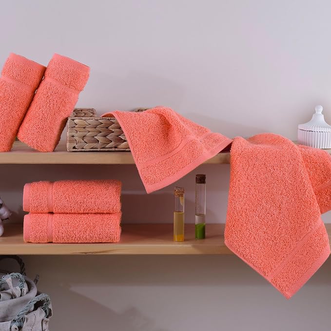 Washcloth Linen Set Premium Original Turkish Cotton, Hotel Quality for Maximum Softness & Absorbency for Face, Hand, Kitchen & Cleaning (Coral Orange, Washcloth Set)