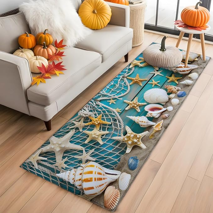 Kitchen Runner Rug 2 x 6 Ft, Beach Starfish Laundry Room Rugs Indoor Non Slip Washable, Ocean Conch Fishing Net Blue Wood Grain Decorative Carpet Long Mat for Sink/Hallway/Living Room