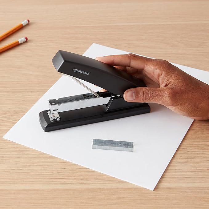 Amazon Basics Office Stapler with 1000 Staples, 25 Sheet Capacity, Non-Slip, Black, Home Office