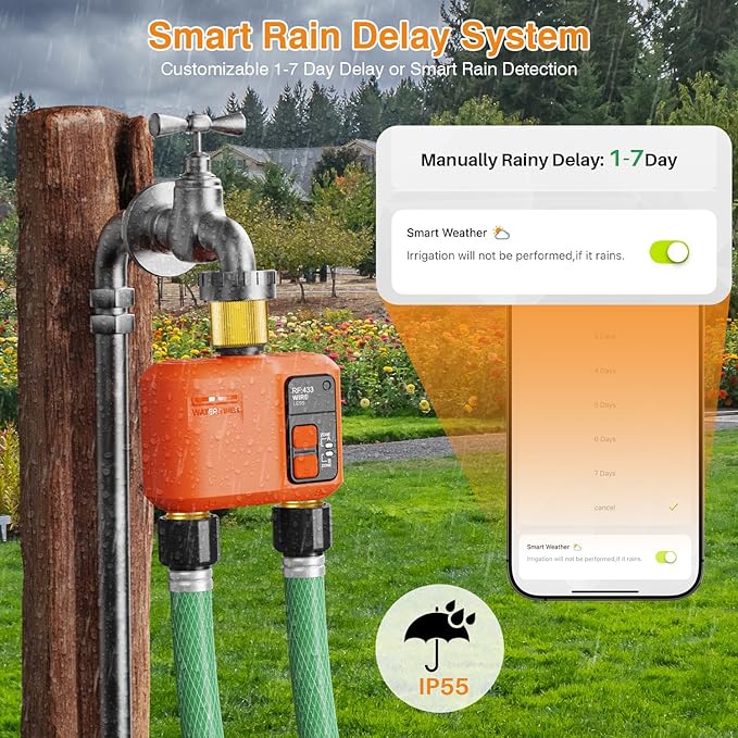 WiFi Water Timer for Garden Hose 2‑Zone, Smart Hose Timer with 984ft Long‑Range & Strong Wall‑Penetration, APP & Control,Voice Control, Rain Delay & Manual Mode, Brass Inlet & Outlet