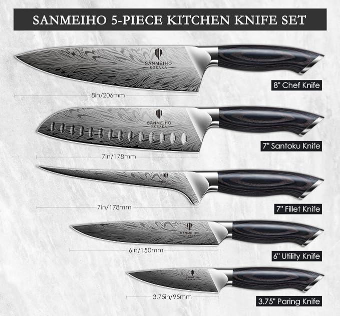 5PCS Knife Set, Kitchen Knife Sets in Powder Steel | Ultra Sharp Japanese Knives Set High Carbon Steel Chef Knives Sets, Cooking Knives Set with Ergonomic Pakkawood Handle