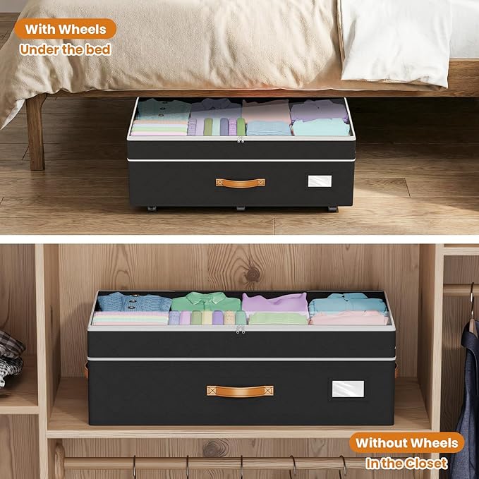 80L 2 Pack Adjustable Under Bed Storage with Wheels | Underbed containers with clear lids, rolling under bed shoe storage organizer for dorm home clothes, blankets, toys, black