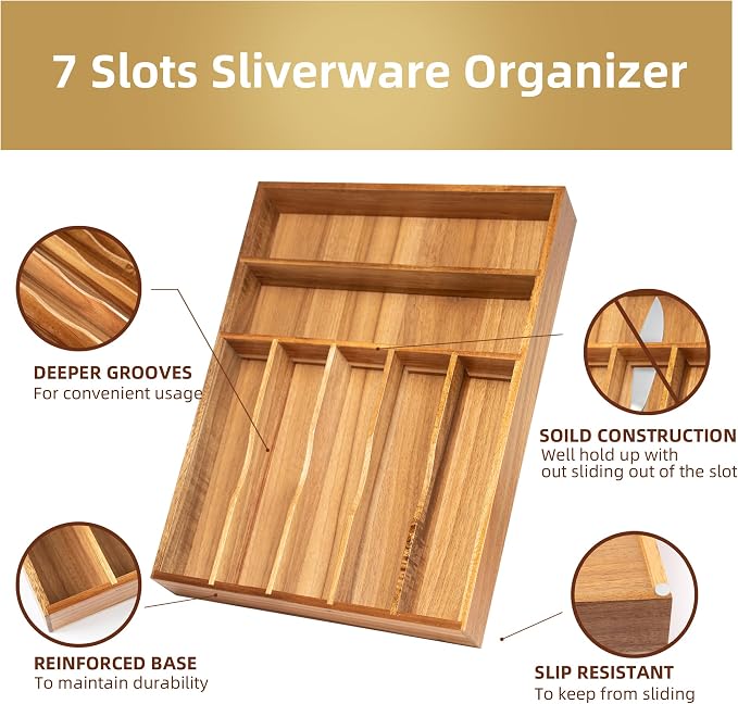 Besilord Silverware Organizer Kitchen Drawer Organizer Utensil Organizer Acacia Silverware Holder Cutlery Organizer in Drawer Flatware Organizer Tray(7 slots, Acacia