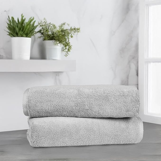 Amazon Basics 2 Piece Quick-Dry Oversize Bath Towel, 100% Cotton, Platinum, 54" x 30" (Pack of 12)