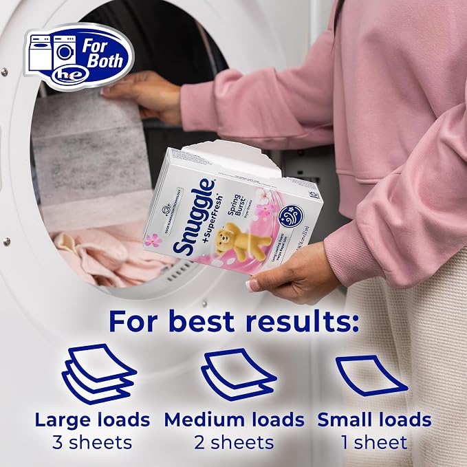 Snuggle SuperFresh Fabric Softener Dryer Sheets, 200 Count, Spring Burst, Long-Lasting Fresh & Clean Scent, Helps Eliminate Odor, Softens Fabric, Reduces Static & Fights Wrinkles, HE Safe