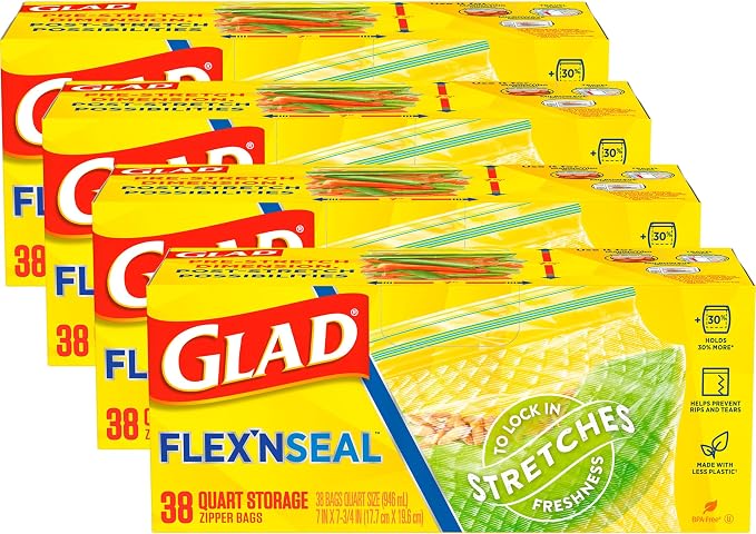 Glad Flex'N Seal Food Storage Plastic Bags, Quart, 38 count, Pack of 4 (Package May Vary)