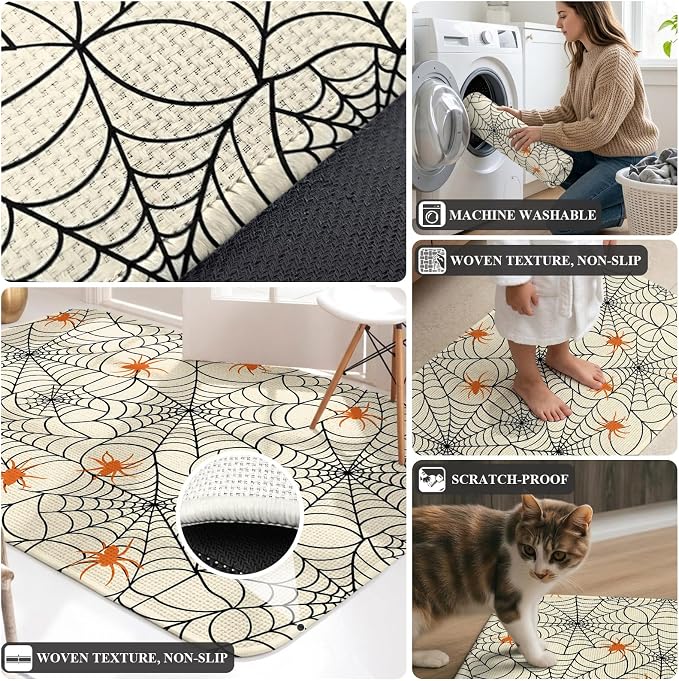 Large Entryway Rug 31.5"x63", Halloween Absorbent Non Slip Indoor Outdoor Floor Mat, Orange Black Net Classic Spiders Gingham Low Profile Area Rug for Front Entrance Mudroom Patio Garage Double Door