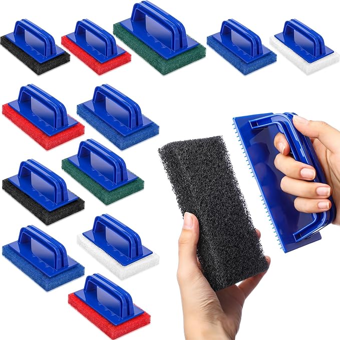LemonRoad 12 Sets of Griddle Cleaning Kit, Heavy Duty Griddle Scrubber, Including Scouring Pads and Handles, Flat Top Grill Cleaning Scrubber Brush with Handle for Oven, BBQ, Cookware, Kitchen