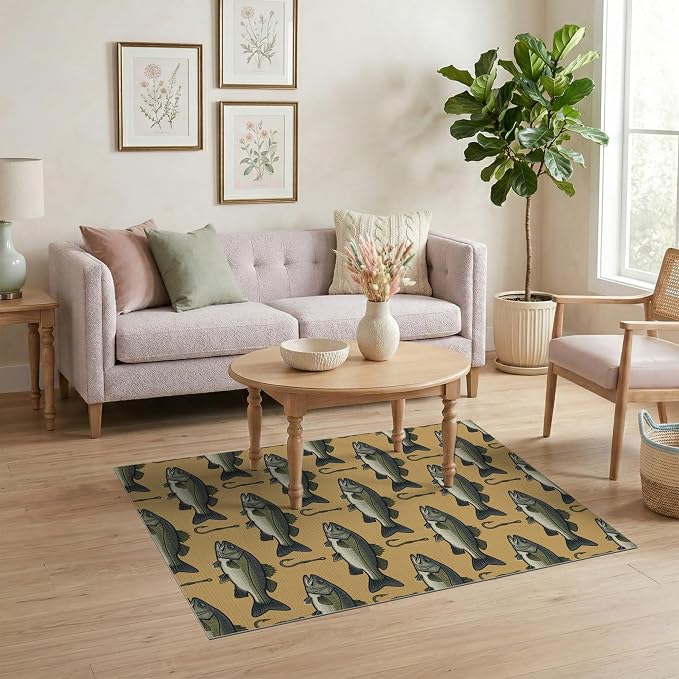 4'x6' Washable Area Rug Bass Lure Hook Motif Tackle Border Angler Lake Vintage Fish Fishing Refined for Dorm Room, Small Living Apartment, Stain Resistant Low Profile