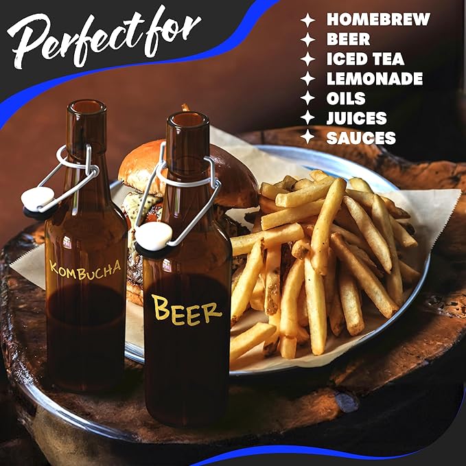 Nevlers Amber Swing Top Glass Bottles 16oz 12 Pack | Empty Beer Bottles for Home Brewing , Fermentation or General Storage | Resealable Flip Top Glass Bottle Set | Durable Kombucha Bottle Bottling Kit