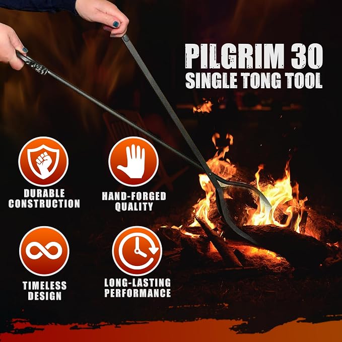 Pilgrim 30-Inch Single Fireplace Log Tong Grabber, Hand-Forged Iron