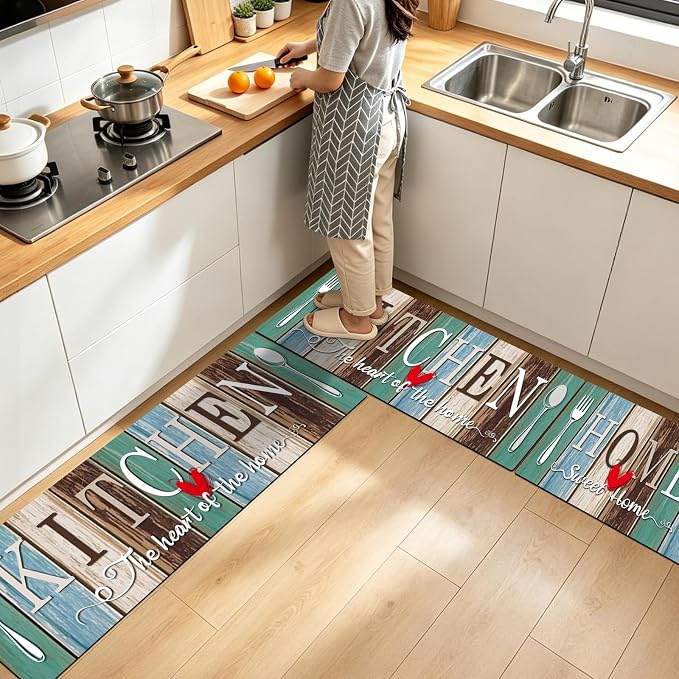 Kitchen Rugs Set 3 Piece, Non Slip Kitchen Mats for Floor, Soft Fabric with Rubber Backing, Farmhouse Anti Fatigue Runners Carpet for Home Kitchen Laundry Room Hallway (Rustic Teal Brown)