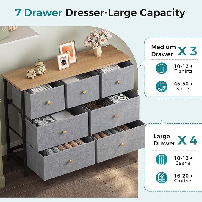 OLIXIS 7 Drawer Dresser for Bedroom, Tall Fabric Storage Tower with Sturdy Steel Frame and Wooden Top, Large Dresser for Living Room Entryway with Easy Pull Fabric Bins, Gray Blue