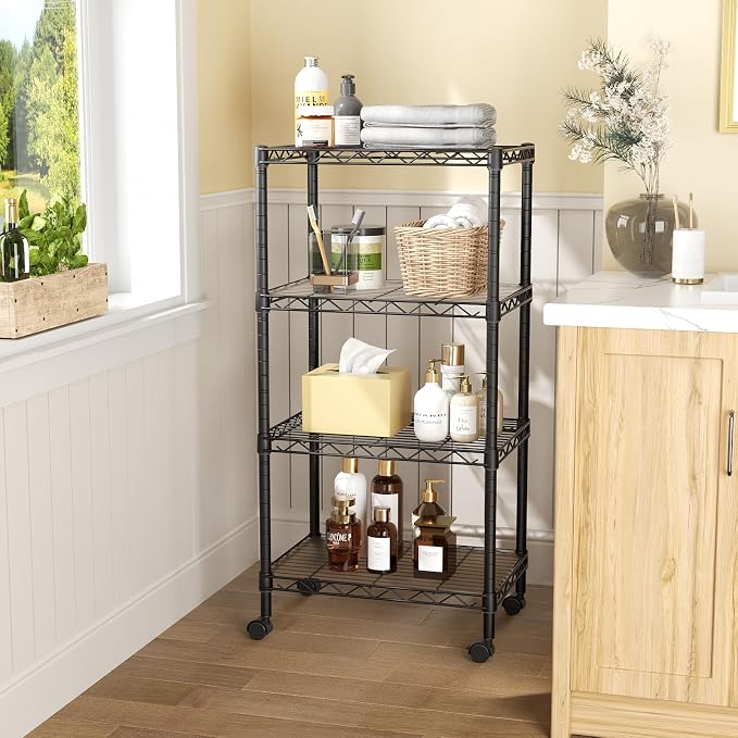 SINGAYE 4 Shelves Storage Shelf Wire Shelving Unit Metal Adjustable Wheels | Small Shelf Storage with Wheels Organizers Closet Unit for Bathroom Laundry Room Kitchen Pantry11.5D x 17.5W x 45H Black