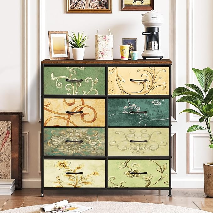 8-Drawer Dresser for Bedroom, Anti-Tip Tall Storage Organizer Chest of Drawers with Wooden Top and Metal Frame Fabric Bins for Closet, Living Room, Hallway, Entryway, Floral Painted