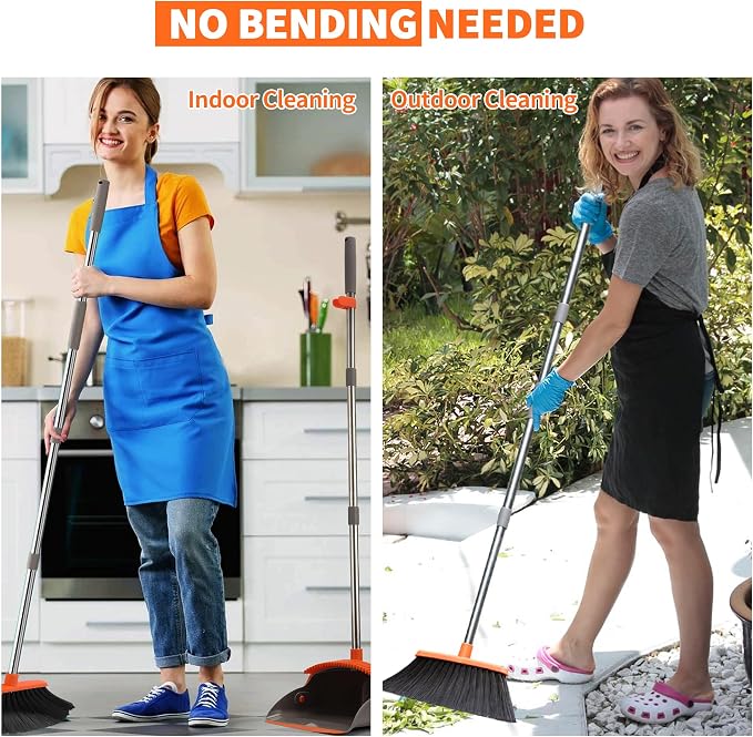 Upgraded Broom and Dustpan Set, 52" Long Handle Standing Combo with Self-Cleaning Teeth – Perfect for Pet Hair, Kitchen, Office, Home, Indoor & Outdoor Cleaning(Orange & Gray)