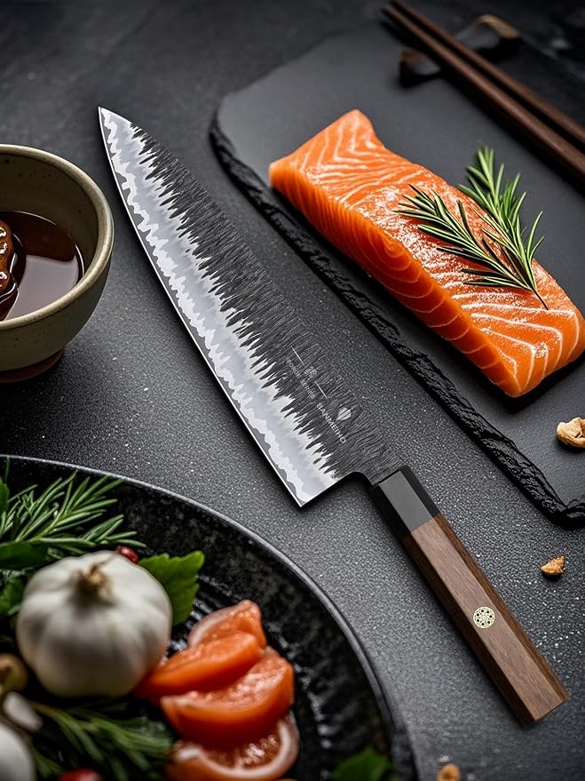 8 Inch Japanese Chef Knife, Hand Forged Gyuto Knife 9 Layers | High Carbon 10CR15MOV Steel Kitchen Knife Ultra Sharp Professional Japanese Sashimi Knife with Ergonomic Rosewood Handle