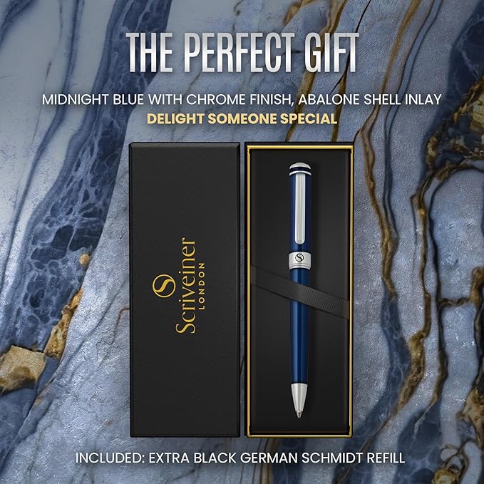 Scriveiner Midnight Blue Ballpoint Pen - Stunning Blue Lacquer Luxury Pen, Chrome Finish, Schmidt Black Refill, Best Ball Pen Gift Set for Men & Women, Professional Executive Office, Nice Designer Pen