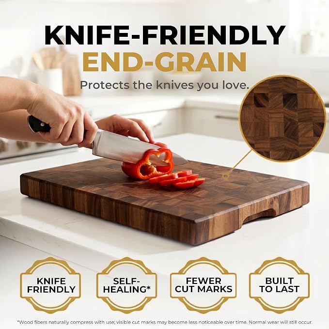 SHUMARU XL 20.5 × 14.2 × 2" End Grain Cutting Board, Professional Butcher Block, Thick Exotic Heartwood Chopping Block, Knife-Friendly, Maximum Work Space Side Handles & Non-Slip Feet