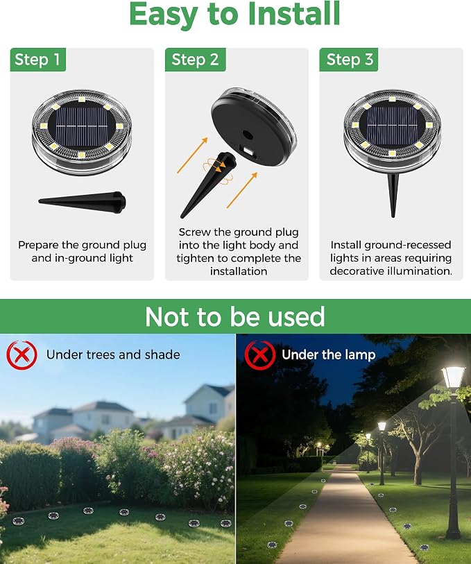 LOTMOS 20 Pack Solar Ground Lights, Solar Lights Outdoor Waterproof IP68 | 8 LED Flat Solar Disc Light, Puck Lights Solar Powered for Garden Yard Driveway Walkway Landscape Lawn Path Patio, Warm White