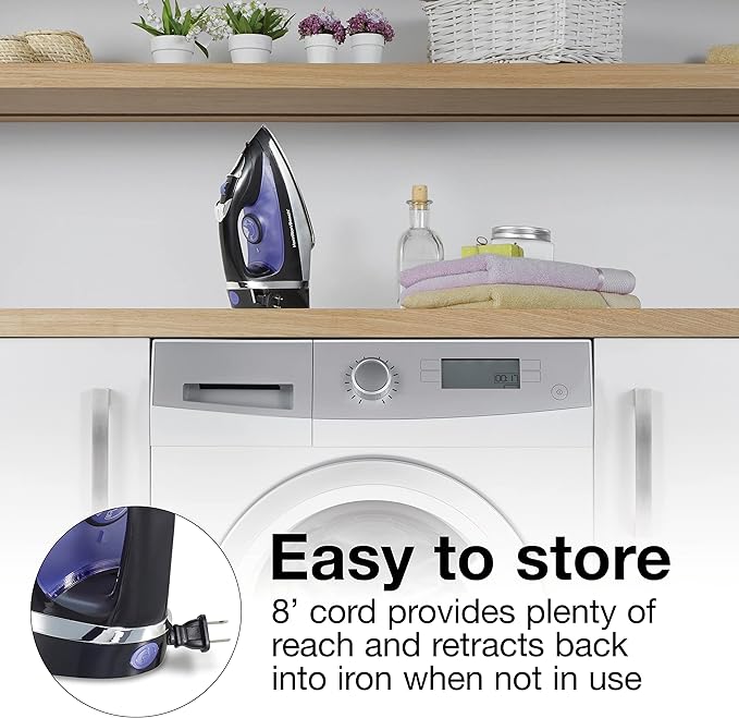 Hamilton Beach Steam Iron for Clothes With Versatile Steam Options | Durable Smooth Press Stainless Steel Soleplate | 1200 Watts, Heat-Up In Under 1 Minute | 8’ Retractable Cord | Black | 14214