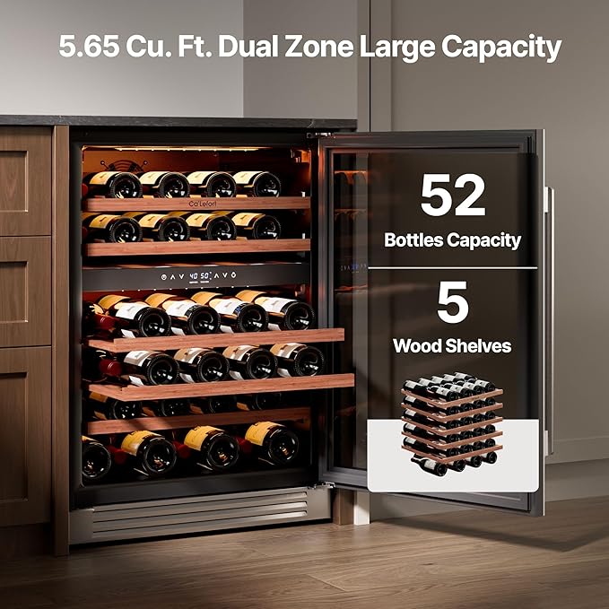 Ca'Lefort 24-Inch Wine Fridge, 52-Bottle Dual Zone Wine Cooler, 40–65°F Digital Temp Control, 3-color LED Adjustable Shelf, Under Counter, Built-in or Freestanding for Home Bar Kitchen(5.7 cu.ft)