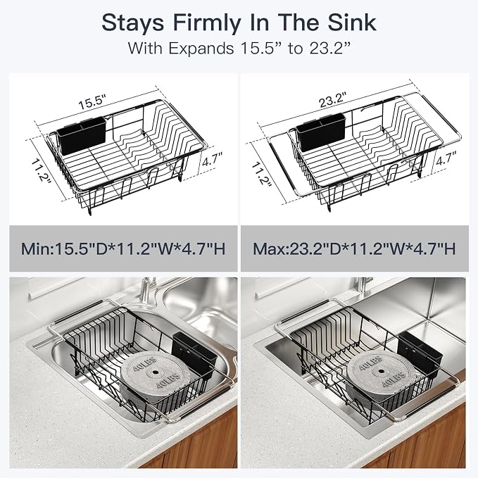 Dish Drying Rack Over The Sink with Utensil Holder, Drainboard | Expandable Stainless Steel Dish Drainer for Small Kitchen, Apartment, RV, Counter Space Saving, Perfect Fit, Rustproof