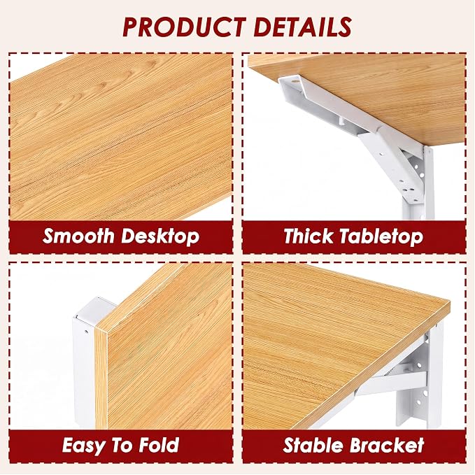 Need 36x20IN Wall Mounted Folding Table for Office Laundry Teak | White Frame Fold Down Wall Mount Desk Folding Wall Table for Small Apartment, Garage&Ironing Station
