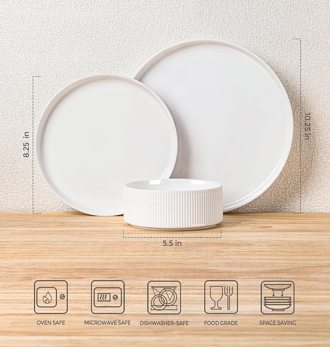 TheTerra Ceramic Dinnerware Sets for 8, 24 Pieces Porcelain Lightweight Plates and Bowls Sets, Scratch Resistant Dish Set, Oven & Microwave & Dishwasher Safe, Bright White