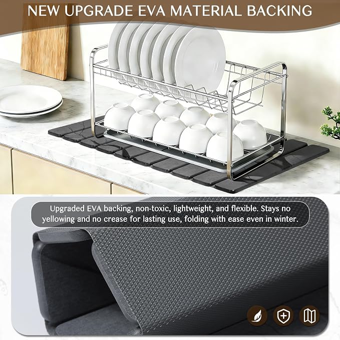 Large Stone Dish Drying Mat for Kitchen Counter, Thin & Light Quick Dry Stone Dishes Mats, Foldable Water Absorbing Diatomite Drying Pad for Kitchen Bathroom Sink Countertop (Gray Ink 24"×16" & 8"x4")