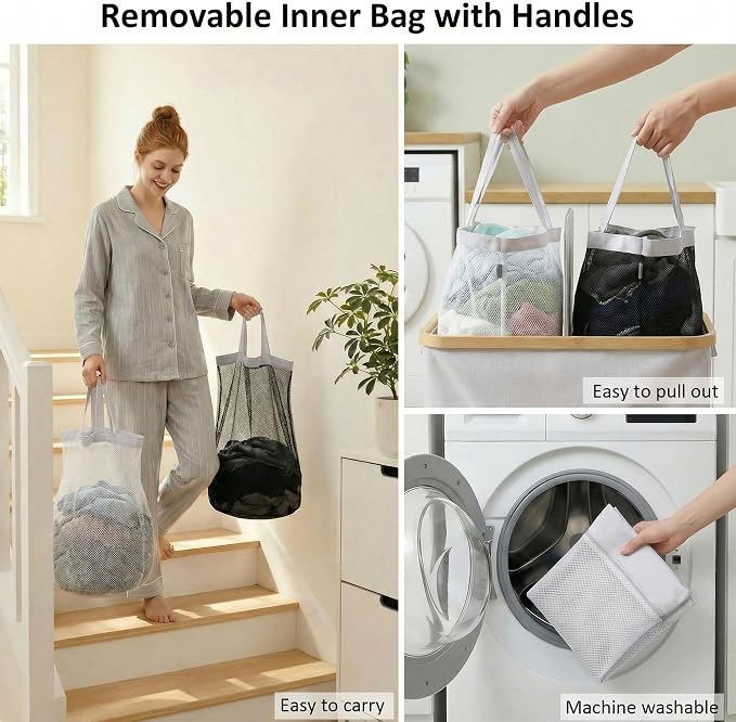 efluky Laundry Hamper with Lid, Double Laundry Basket with 2 Removable Bags, 2 Section Laundry Bin with Bamboo Handles for Bathroom, Bedroom & Laundry Room, 140L (36.9 Gallon) Light Grey