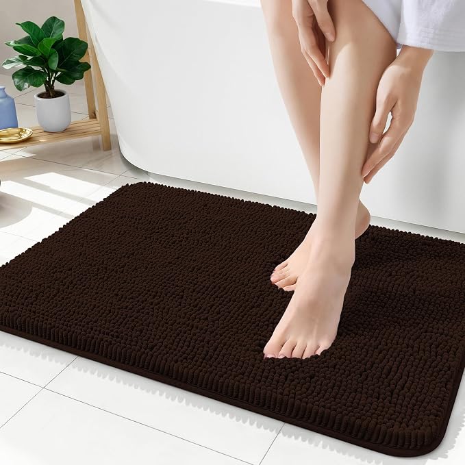OLANLY Bathroom Rugs 35x24, Extra Soft Absorbent Chenille Bath Rugs, Rubber Backing Quick Dry, Machine Washable Bath Mats for Bathroom Floor, Tub and Shower, Home Decor Accessories, Brown
