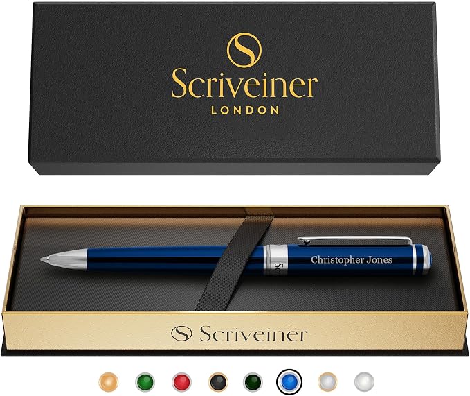 Scriveiner Personalized Midnight Blue Ballpoint Pen - Stunning Blue Lacquer Luxury Pen, Chrome Finish, Schmidt Ink Refill, Best Engraved Ball Point Gift Set for Men & Women, Custom Name Engraving
