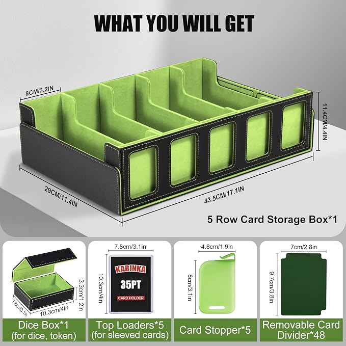 Kabinka Card Storage Box with Commander Display, 5-Row Deck Case with Removable Lid; 3900+ Card Deck Box for MTG Sports Cards, 5 Top Loaders, 5 Stoppers, 48 Dividers,1 Dice Tray (Black & Lemon Green)